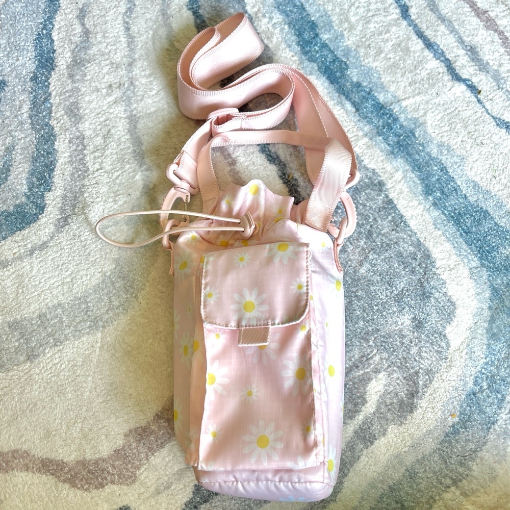 Cute Pink w/ Flowers Water Bottle Holder Crossbody